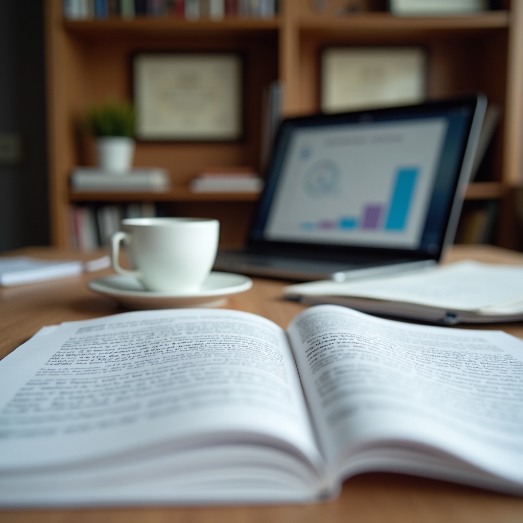 Escritorio de trabajo con documentos de investigación sobre franquicias y una notebook abierta