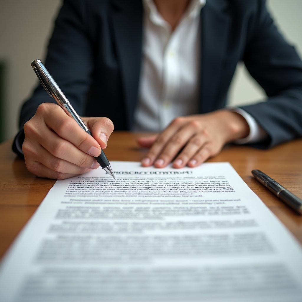 Dos personas firmando un contrato comercial de franquicia sobre una mesa de reuniones
